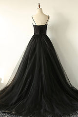 Unique Wedding Dress, Black A-Line Spaghetti Strap Long Prom Dresses, Black Evening Dresses