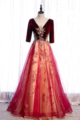 Homecoming Dresses Unique, Burgundy Velvet Tulle Long Prom Dresses, Burgundy 1/2 Sleeve Evening Dresses