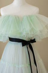 Party Dress For Babies, Green Tulle Floor Length Prom Dress, A-Line Off Shoulder Evening Dress