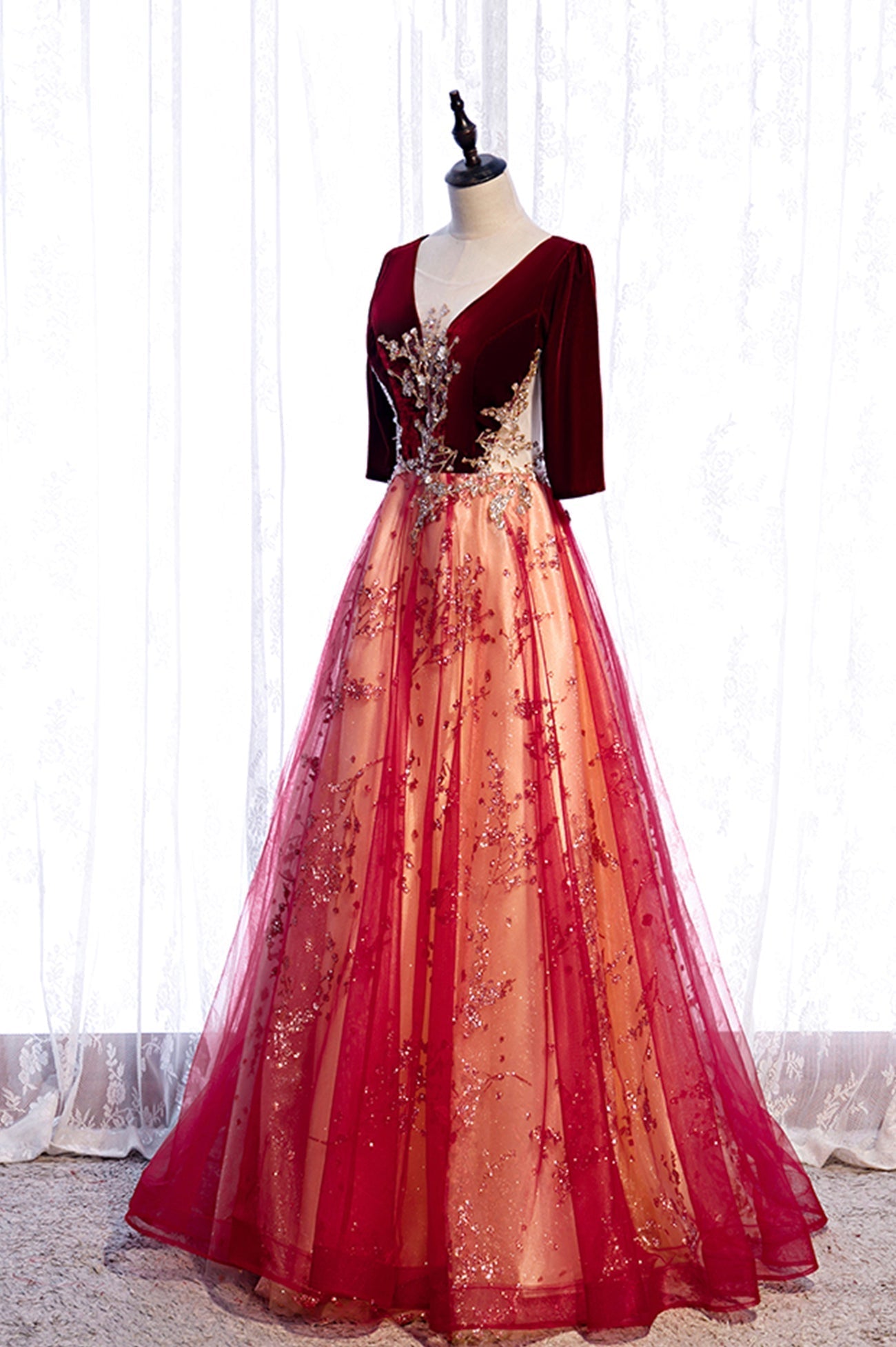 Homecoming Dress 2033, Burgundy Velvet Tulle Long Prom Dresses, Burgundy 1/2 Sleeve Evening Dresses