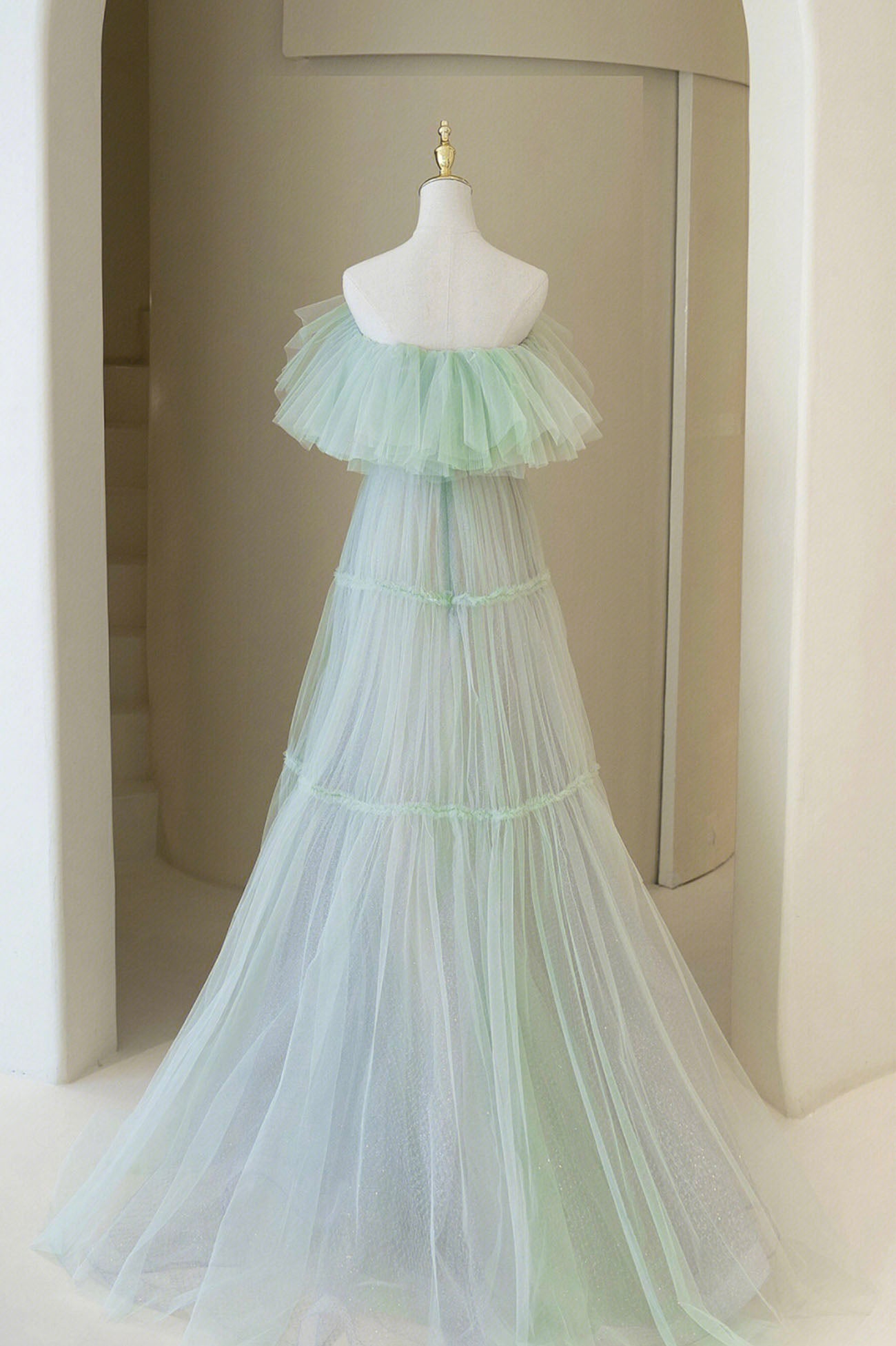 Party Dress Hijab, Green Tulle Floor Length Prom Dress, A-Line Off Shoulder Evening Dress