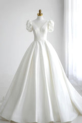 Wedding Dress Couture, White V-Neck Satin Long Formal Dress, Wedding Formal Dress