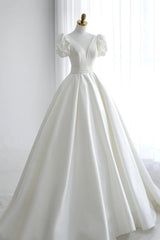 Wedding Dresses Couture, White V-Neck Satin Long Formal Dress, Wedding Formal Dress