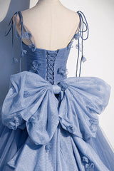 Bridesmaid Dresses Under 113, Blue Spaghetti Strap Tulle Long Dress, Blue Evening Dress with Bow