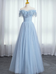 Short Dress, Blue Sweetheart Beaded Off the Shoulder Prom Dress, A-Line Blue Evening Dress