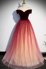 Homecoming Dress Shops, Burgundy Velvet Tulle Long Prom Dresses, Off the Shoulder Formal Evening Dresses