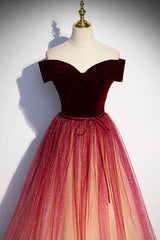 Homecoming Dresses Fashion Outfits, Burgundy Velvet Tulle Long Prom Dresses, Off the Shoulder Formal Evening Dresses