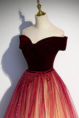 Homecoming Dresses Pretty, Burgundy Velvet Tulle Long Prom Dresses, Off the Shoulder Formal Evening Dresses