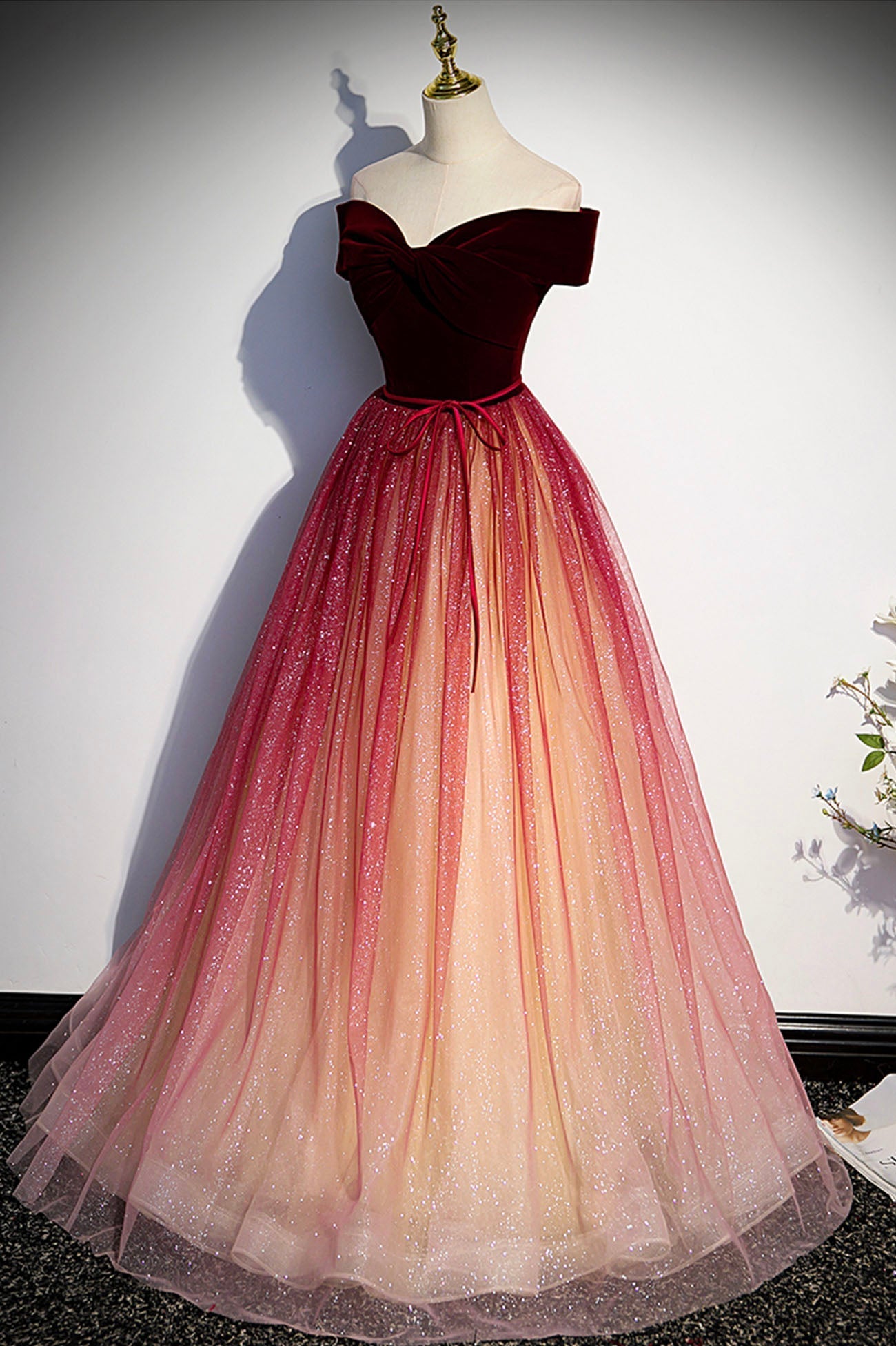 Homecoming Dress Pretty, Burgundy Velvet Tulle Long Prom Dresses, Off the Shoulder Formal Evening Dresses