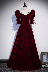 Homecoming Dresses Vintage, Burgundy Velvet Long Prom Dresses, A-Line Short Sleeve Evening Dresses