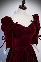 Homecoming Dress Vintage, Burgundy Velvet Long Prom Dresses, A-Line Short Sleeve Evening Dresses