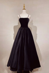 Bridesmaid Dress Blush, Black Velvet Pearls Long Prom Dresses, Black A-Line Evening Party Dresses