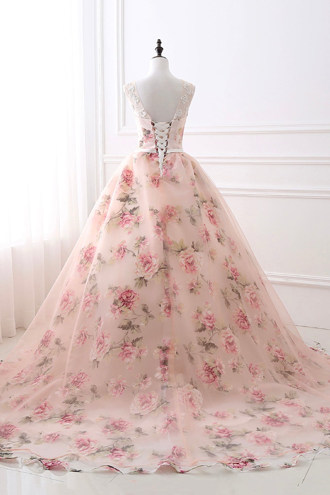 Wedding Photography, Pink Floral Pattern Lace Long Prom Dress, A-Line Formal Dress