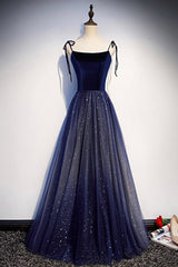 Prom Dresses2036, Blue Velvet Tulle Long Prom Dresses, Lovely A-Line Graduation Dresses