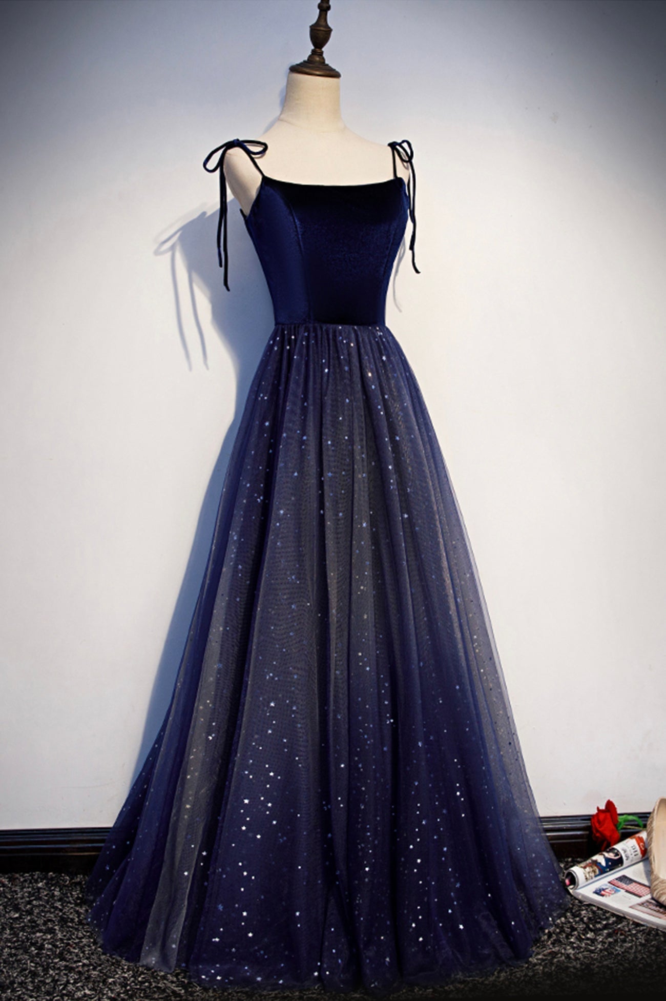 Prom Dresse 2036, Blue Velvet Tulle Long Prom Dresses, Lovely A-Line Graduation Dresses