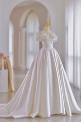 Wedding Dress Classic Elegant, White Satin Long Ball Gown, A-Line Flower Wedding Gown with Bow