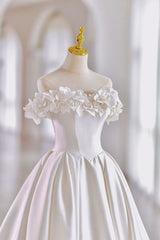 Wedding Dresses Classic Elegant, White Satin Long Ball Gown, A-Line Flower Wedding Gown with Bow