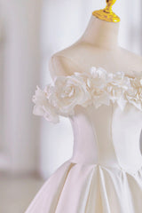 Wedding Dress Classic Elegance, White Satin Long Ball Gown, A-Line Flower Wedding Gown with Bow