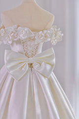 Wedding Dresses A Line Lace, White Satin Long Ball Gown, A-Line Flower Wedding Gown with Bow