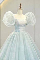 Party Dresses In Store, Lovely Puff Sleeve Tulle Formal Evening Gown, A-Line Long Prom Dress