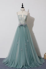 Formal Wedding Guest Dress, Green Lovely Tulle Straps Long A-Line Prom Dresses, Green Evening Dresses