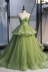 Party Dress Pink, Green Tulle Long Prom Dresses, A-Line Evening Dresses with Train