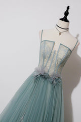 Trendy Dress Outfit, Green Lovely Tulle Straps Long A-Line Prom Dresses, Green Evening Dresses