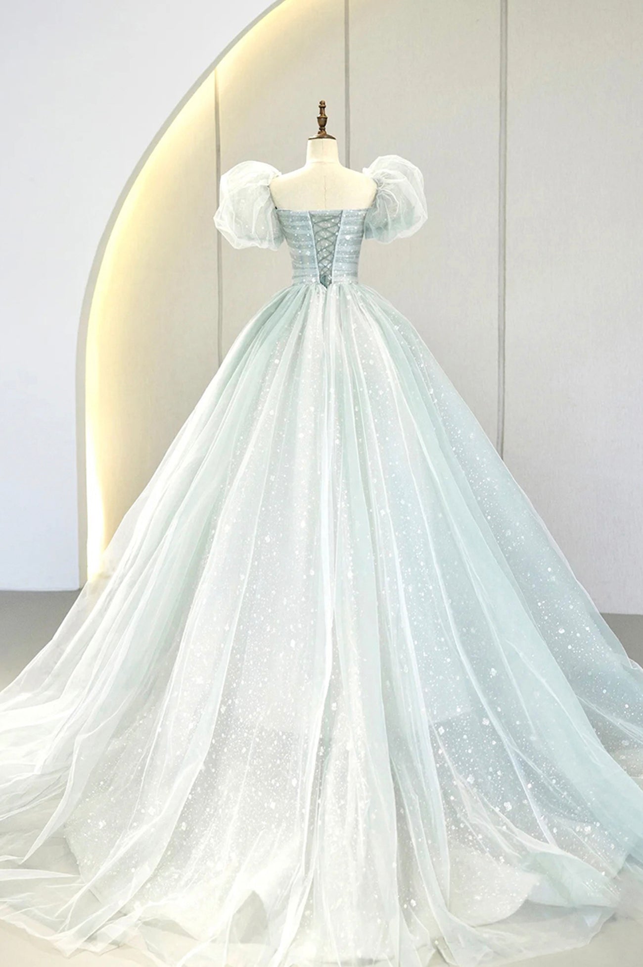 Party Dress Cheap, Lovely Puff Sleeve Tulle Formal Evening Gown, A-Line Long Prom Dress