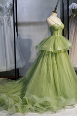 Party Dress Short Clubwear, Green Tulle Long Prom Dresses, A-Line Evening Dresses with Train