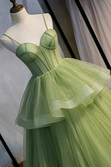 Party Dresses Short Clubwear, Green Tulle Long Prom Dresses, A-Line Evening Dresses with Train