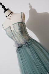 Party Dresses With Boots, Green Lovely Tulle Straps Long A-Line Prom Dresses, Green Evening Dresses