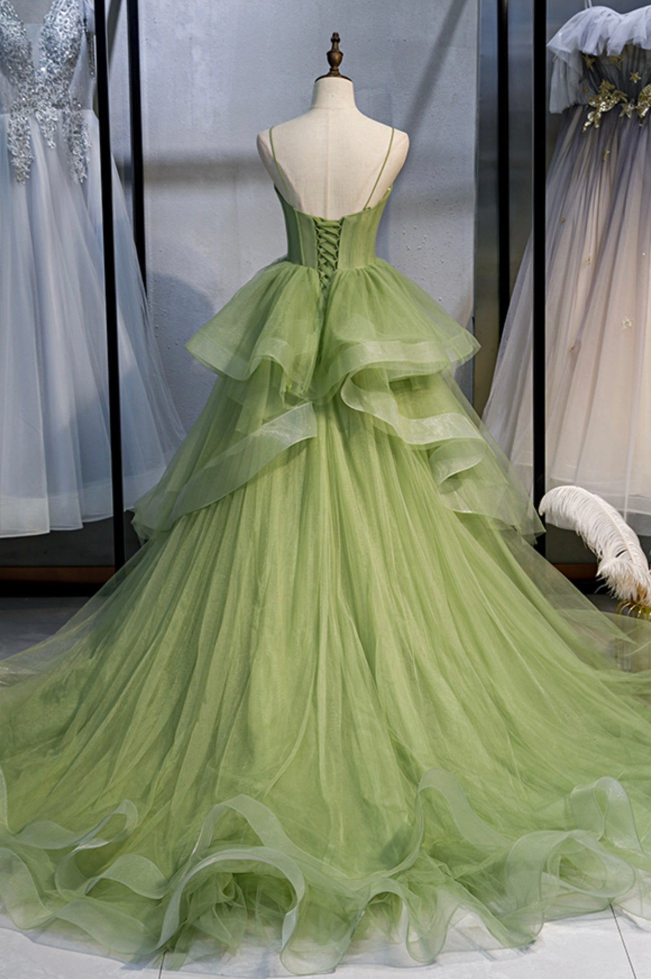 Party Dress Miami, Green Tulle Long Prom Dresses, A-Line Evening Dresses with Train