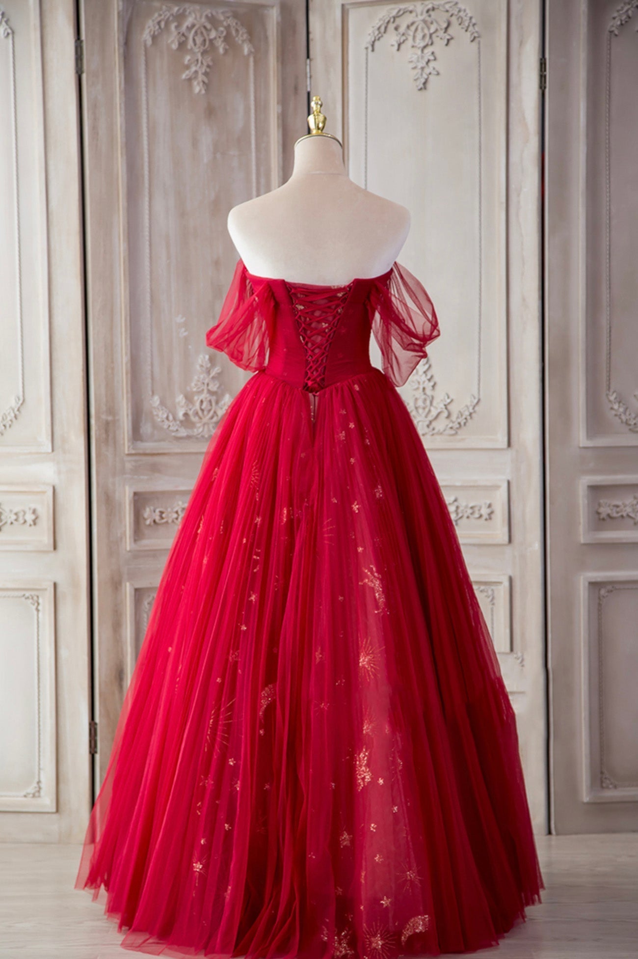 Corset Dress, Red Tulle Long Prom Dresses, A-Line Off the Shoulder Formal Dresses