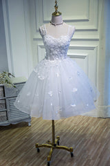 Prom Dresses Shiny, White Lace Short Prom Dress, White Mini Evening Party Dress