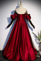 Prom Dresses V Neck, Burgundy Satin Tulle Long Prom Dress, A-Line Sweetheart Neck Evening Dress