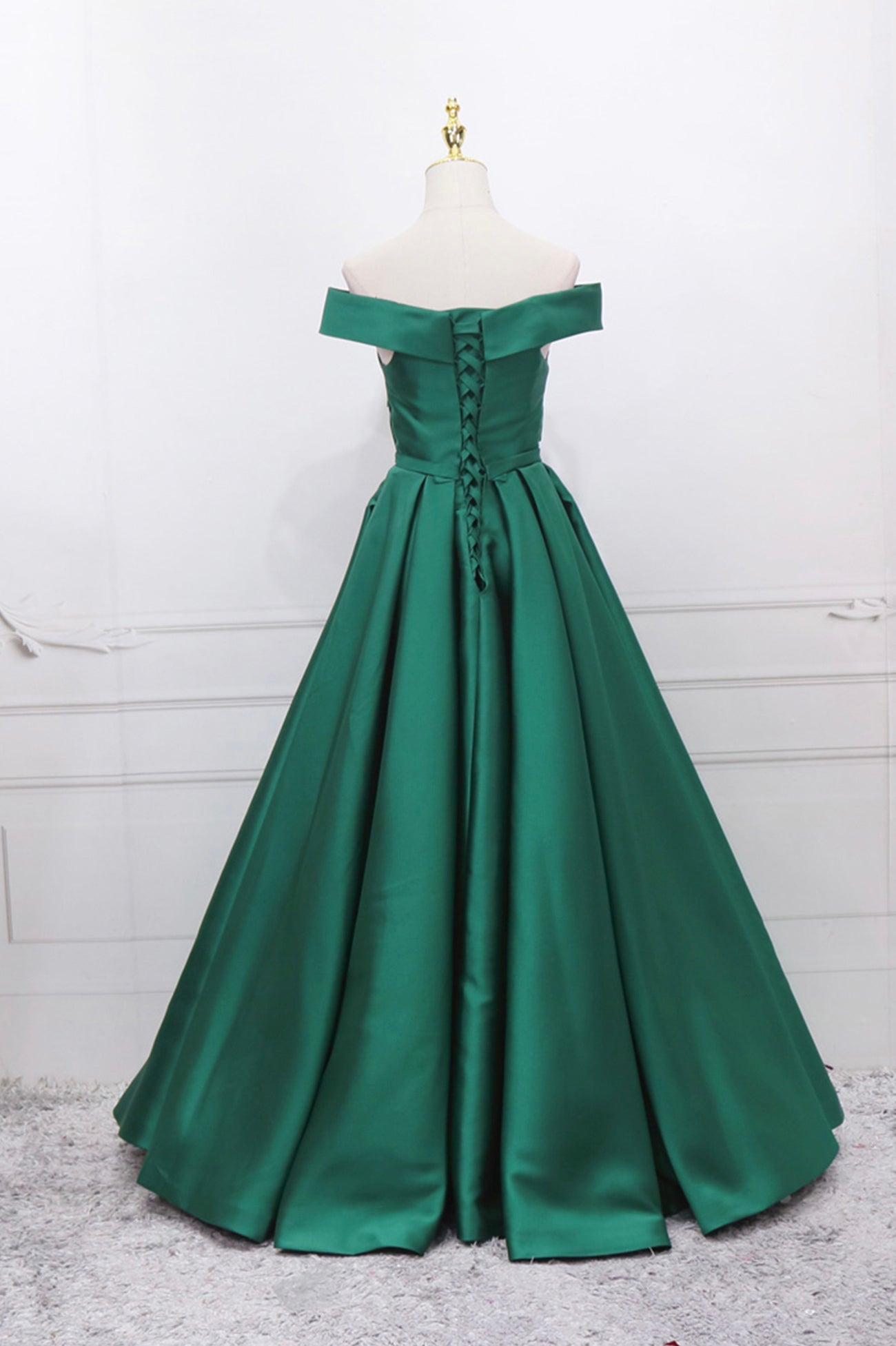 Dinner Dress Classy, Green Satin Long Prom Dress, Off the Shoulder Evening Party Dress