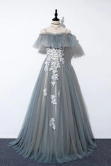 Formal Dress Gown, Gray Tulle Lace Long Prom Dress, A-Line Evening Dress