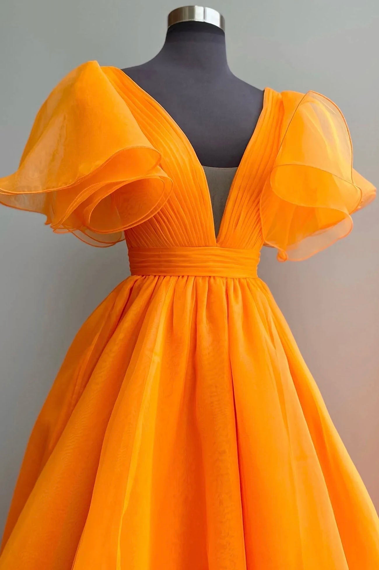 Summer Wedding, Orange Organza Long A-Line Prom Dress, Beautiful V-Neck Evening Dress