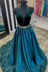 Party Dress Formal, A-Line Velvet Tulle Long Prom Dresses, V-Neck Evening Dresses