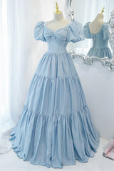Bridesmaids Dresses Pink, Blue A-Line Long Prom Dress, Blue Formal Evening Dress