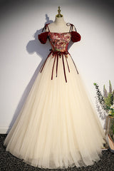 Evening Dresses With Sleeves, Champagne Tulle Spaghetti Strap Long Prom Dress, A-Line Formal Evening Dress