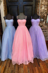 Party Dress Night, Lovely Tulle Spaghetti Strap Long Prom Dresses, A-Line Evening Dresses