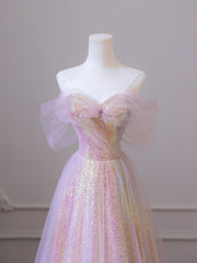 Homecoming Dress, Shiny Tulle Sequins Long Prom Dress, A-Line Off the Shoulder Evening Dress