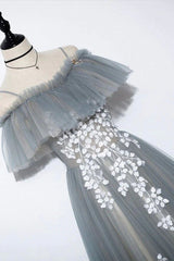 Formal Dresses Gowns, Gray Tulle Lace Long Prom Dress, A-Line Evening Dress