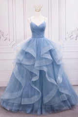 Prom Dresses Chiffon, Blue V-Neck Tulle Long Formal Gown, A-Line Blue Evening Dress