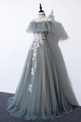 Formal Dresses Elegant, Gray Tulle Lace Long Prom Dress, A-Line Evening Dress