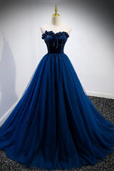 Prom Dress Princess, Blue Velvet Tulle Long Prom Dresses, A-Line Strapless Evening Dresses