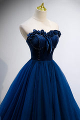 Prom Dress Princesses, Blue Velvet Tulle Long Prom Dresses, A-Line Strapless Evening Dresses