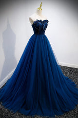 Prom Dresses Spring, Blue Velvet Tulle Long Prom Dresses, A-Line Strapless Evening Dresses