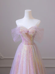 Satin Dress, Shiny Tulle Sequins Long Prom Dress, A-Line Off the Shoulder Evening Dress